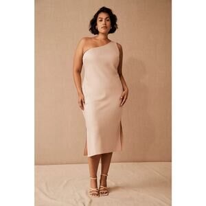 BHLDN Audrie One-Shoulder Satin Midi Dress Cream Double Leg Slit Size 10